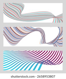 Líneas onduladas o cintas. Conjunto de 3 fondos. Gradiente de rayas multicolor. Fondo inusual creativo con líneas de onda de gradiente abstractas para crear un Anuncio de moda, póster. Vector eps