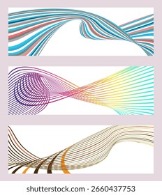 Wavy lines or ribbons. Set of 3 backgrounds. Multicolored striped gradient. Creative unusual background with abstract gradient wave lines to create a trendy banner, poster. vector eps
