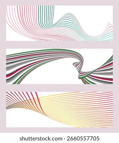 Wavy lines or ribbons. Set of 3 backgrounds. Multicolored striped gradient. Creative unusual background with abstract gradient wave lines to create a trendy banner, poster. vector eps