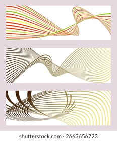 Líneas onduladas o cintas. Conjunto de 3 fondos. Gradiente de rayas multicolor. Fondo inusual creativo con líneas de onda de gradiente abstractas para crear un Anuncio de moda, póster. Vector eps