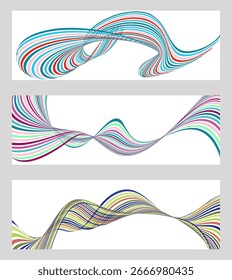 Líneas onduladas o cintas. Conjunto de 3 fondos. Gradiente de rayas multicolor. Fondo inusual creativo con líneas de onda de gradiente abstractas para crear un Anuncio de moda, póster. Vector eps