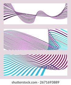 Líneas onduladas o cintas. Conjunto de 3 fondos. Gradiente de rayas multicolor. Fondo inusual creativo con líneas de onda de gradiente abstractas para crear un Anuncio de moda, póster. Vector eps