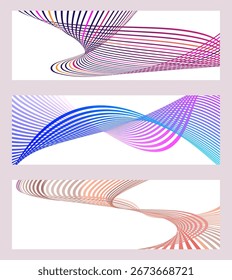 Líneas onduladas o cintas. Conjunto de 3 fondos. Gradiente de rayas multicolor. Fondo inusual creativo con líneas de onda de gradiente abstractas para crear un Anuncio de moda, póster. Vector eps