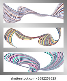 Linhas ou fitas onduladas. Conjunto de 3 fundos. Gradiente listrado multicolorido. Fundo criativo incomum com linhas de onda de gradiente abstrato para criar um banner moderno, poster. eps vetor