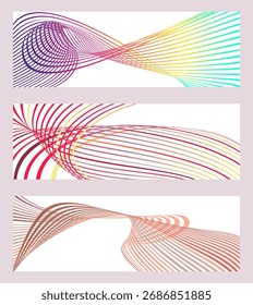 Líneas onduladas o cintas. Conjunto de 3 fondos. Gradiente de rayas multicolor. Fondo inusual creativo con líneas de onda de gradiente abstractas para crear un Anuncio de moda, póster. Vector eps