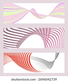 Wavy lines or ribbons. Set of 3 backgrounds. Multicolored striped gradient. Creative unusual background with abstract gradient wave lines to create a trendy banner, poster.