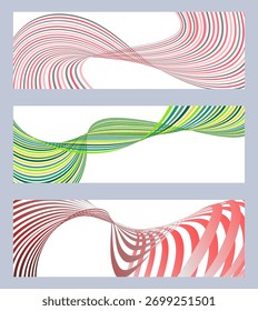 Wavy lines or ribbons. Set of 3 backgrounds. Multicolored striped gradient. Creative unusual background with abstract gradient wave lines to create a trendy banner, poster. vector eps