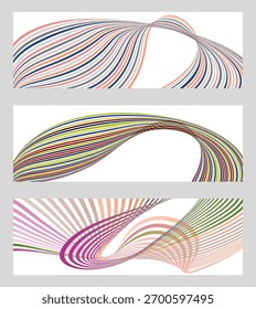 Wavy lines or ribbons. Set of 3 backgrounds. Multicolored striped gradient. Creative unusual background with abstract gradient wave lines to create a trendy banner, poster. vector eps