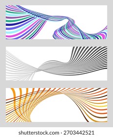 Wavy lines or ribbons. Set of 3 backgrounds. Multicolored striped gradient. Creative unusual background with abstract gradient wave lines to create a trendy banner, poster. vector eps