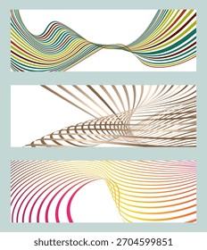 Wavy lines or ribbons. Set of 3 backgrounds. Multicolored striped gradient. Creative unusual background with abstract gradient wave lines to create a trendy banner, poster. vector eps