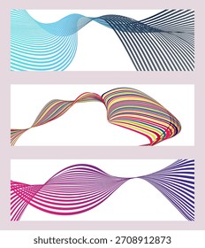 Líneas onduladas o cintas. Conjunto de 3 fondos. Gradiente de rayas multicolor. Fondo inusual creativo con líneas onduladas abstractas. Anuncio de moda, cartel. eps Vector
