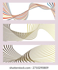 Líneas onduladas o cintas. Conjunto de 3 fondos. Gradiente de rayas multicolor. Fondo inusual creativo con líneas onduladas abstractas. Anuncio de moda, cartel. eps Vector
