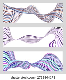 Líneas onduladas o cintas. Conjunto de 3 fondos. Gradiente de rayas multicolor. Fondo inusual creativo con líneas onduladas abstractas. Anuncio de moda, cartel. eps Vector