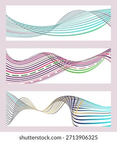 Wavy lines or ribbons. Set of 3 backgrounds. Multicolored striped gradient. Creative unusual background with abstract gradient wave lines to create a trendy banner, poster. vector eps