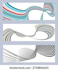 Líneas onduladas o cintas. Conjunto de 3 fondos. Gradiente de rayas multicolor. Fondo inusual creativo con líneas de onda de gradiente abstractas para crear un Anuncio de moda, póster. Vector eps