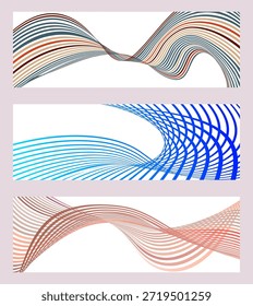 Líneas onduladas o cintas. Conjunto de 3 fondos. Gradiente de rayas multicolor. Fondo inusual creativo con líneas de onda de gradiente abstractas para crear un Anuncio de moda, póster. Vector eps
