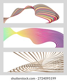 Wavy lines or ribbons. Set of 3 backgrounds. Multicolored striped gradient. Creative unusual background with abstract gradient wave lines to create a trendy banner, poster. vector eps