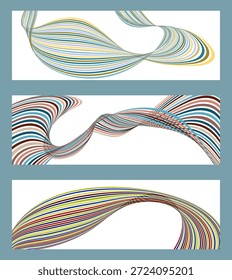 Wavy lines or ribbons. Set of 3 backgrounds. Multicolored striped gradient. Creative unusual background with abstract gradient wave lines to create a trendy banner, poster. vector eps