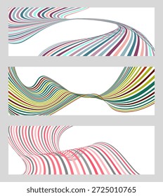 Wavy lines or ribbons. Set of 3 backgrounds. Multicolored striped gradient. Creative unusual background with abstract gradient wave lines to create a trendy banner, poster. vector eps