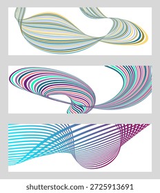 Wavy lines or ribbons. Set of 3 backgrounds. Multicolored striped gradient. Creative unusual background with abstract gradient wave lines to create a trendy banner, poster. vector eps
