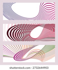 Líneas onduladas o cintas. Conjunto de 3 fondos. Gradiente de rayas multicolor. Fondo inusual creativo con líneas de onda de gradiente abstractas para crear un Anuncio de moda, póster. Vector eps