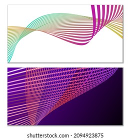 Wavy lines or ribbons. Set. Multicolored striped gradient. Creative unusual background with abstract gradient wave lines for creating trendy banner, poster. Vector eps