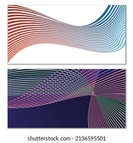 Wavy lines or ribbons. Set. Multicolored striped gradient. Creative unusual background with abstract gradient wave lines for creating trendy banner, poster. Vector eps