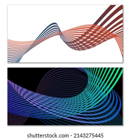 Wavy lines or ribbons. Set. Multicolored striped gradient. Creative unusual background with abstract gradient wave lines for creating trendy banner, poster. Vector eps