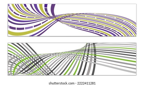 Wavy lines or ribbons. Set. Multicolored striped gradient. Creative unusual background with abstract gradient wave lines for creating trendy banner, poster. Vector eps
