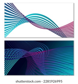 Wavy lines or ribbons. Set. Multicolored striped gradient. Creative unusual background with abstract gradient wave lines for creating trendy banner, poster. Vector eps