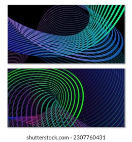 Líneas onduladas o cintas. Establecer. Gradiente de rayas multicolor. Fondo creativo inusual con líneas de onda de gradiente abstracto para crear banner de moda, afiche. Pasos vectoriales