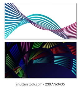 Wavy lines or ribbons. Set. Multicolored striped gradient. Creative unusual background with abstract gradient wave lines for creating trendy banner, poster. Vector eps