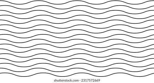 Las líneas onduladas son un patrón sin fisuras. Rayas blancas y negras que repiten fondo. Undular la textura de ondas horizontales. Papel de pared lineal curvo sencillo. Plantilla de diseño de muestra textil y de tela. Vector