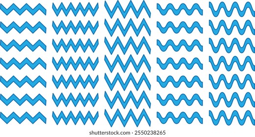 wavy lines seamless pattern set. Wave ornament pattern. Set of wavy zigzag lines. Wave thin line background. Vector zigzag and wavy horizontal underline,  Wavy beach print, curly paint lines eps 10.
