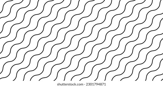 Wavy lines seamless pattern. Undulate stripes repeating background. Black and white diagonal waves texture. Simple curved linear wallpaper. Textile and fabric design template. Vector