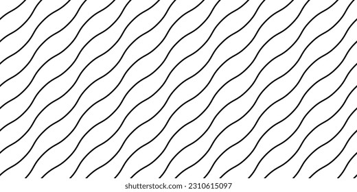 Wavy lines seamless pattern. Undulate stripes repeating background. Black white diagonal waves texture. Simple curved linear wallpaper. Textile and fabric design template. Vector