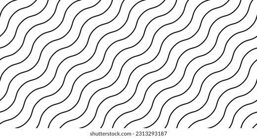Wavy lines seamless pattern. Undulate stripes repeating background. Black and white diagonal waves texture. Bent and curved linear wallpaper. Textile and fabric swatch design template. Vector