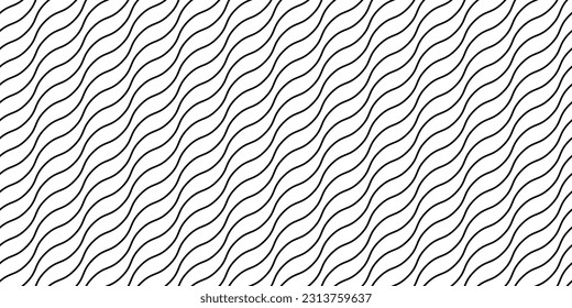 Wavy lines seamless pattern. Undulate stripes repeating background. Black and white diagonal waves texture. Simple curved linear wallpaper. Textile and fabric swatch design template. Vector