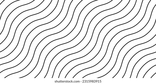 Wavy lines seamless pattern. Undulate stripes repeating background. Black and white diagonal waves texture. Bent and curved linear wallpaper. Textile and guilloche swatch design template. Vector