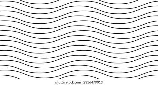 Las líneas onduladas son un patrón sin fisuras. Undulate stripes repitiendo fondo. Textura de ondas horizontales en blanco y negro. Papel de pared lineal curvo sencillo. Plantilla de diseño de muestra textil y de tela. Vector