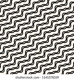Wavy lines seamless pattern. Vector abstract monochrome texture with diagonal waves, stripes, curved shapes, ropes, threads. Simple black and white geometric background. Repeat design for decor, print