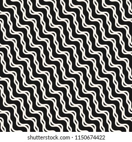 Wavy lines seamless pattern. Vector abstract monochrome texture with diagonal waves, stripes, curved shapes, ropes, threads. Illustration of ripple surface. Simple black and white repeat background