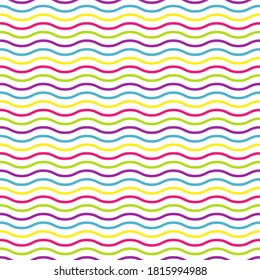 Wavy lines. seamless texture with  blue, pink and green waves on white background. Vector illustration. Marine wallpaper. Sea backdrop. Summer pattern. Rolling lines ornament