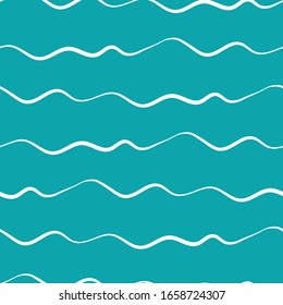 Wavy lines seamless vector pattern background. Thin hand drawn uneven doodle style horizontal sea waves backdrop. Abstract marine geometric stripe all over print. For nautical, water, ocean concept.