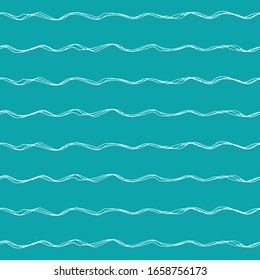 Wavy lines seamless vector pattern background. Uneven thin hand drawn doodle style ocean waves backdrop. Spacious abstract marine geometric stripe all over print. For water, Caribbean vacation concept