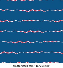 Wavy lines seamless vector pattern background. Brush stroke style horizontal sea wave backdrop. Abstract marine geometric stripe with polka dots all over print. For nautical, water, ocean concept.