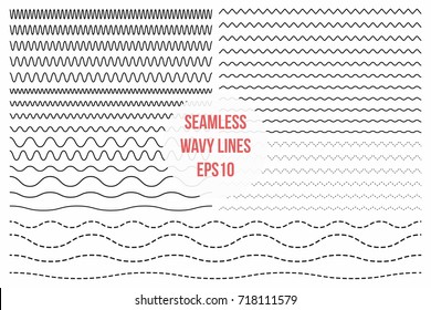 Wavy lines set. Horizontal seamless thin zig zag, criss cross and wavy lines for brushes. Vector design elements