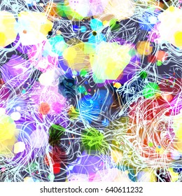 Wavy lines and spots. Light colorful elements on black background. Seamless texture. Abstract vector pattern for fabric, wrapping, home decor. Watercolor effect 