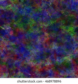 Wavy lines, spots, stains like stylized leaves or petals. Abstract seamless vector pattern. Dark background. Blue, green, red, black
