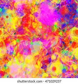 Wavy lines and spots. Yellow, purple, red. Artistic seamless pattern for fabric, printing. Watercolor effect